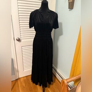 Maxi Dress Black Velvet V Neck Empire waist with short sleeves.